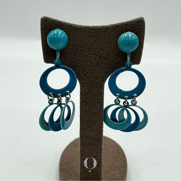 Vintage 1980s Blue Retro Dangle clip on metal Earrings - Picture 1 of 6